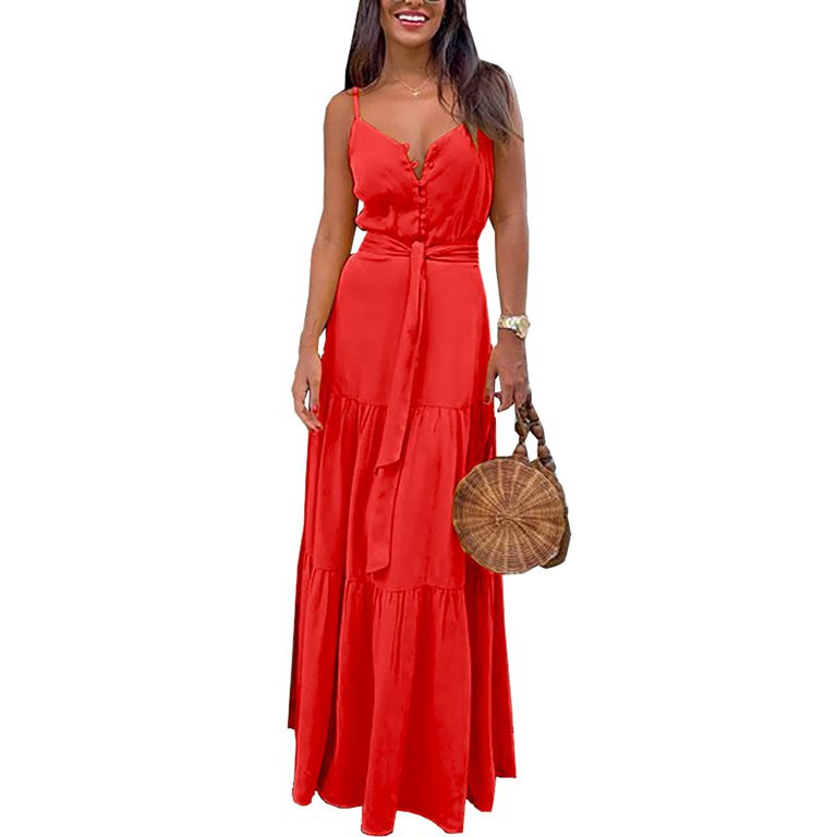 Sexy Dance Women Slip Dress Summer Sexy Button V Neck Long Maxi Dress Bangage Lace Up Party Dress | Walmart (US)