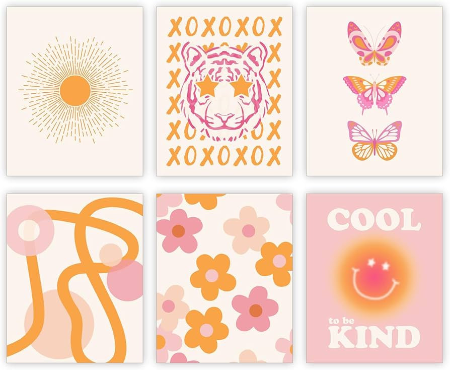 Pink and Orange Wall Art Preppy Room Decor Aesthetic Posters 70s Decor Trendy College Dorm Decora... | Amazon (US)
