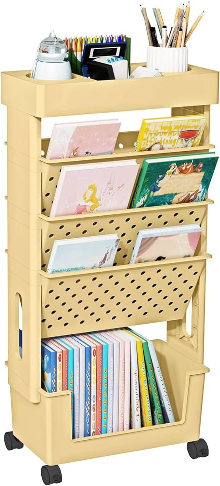 YEMUNY 5 Tier Rolling Book Cart, Movable Storage Bookshelf Bookcase with Wheels, File Folder Util... | Amazon (US)