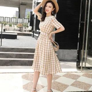 Plaid Short-Sleeve Midi A-Line Dress | YesStyle Global