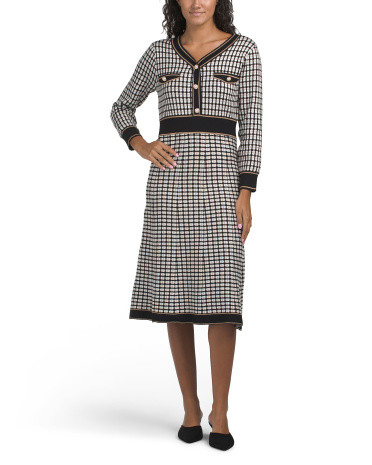 Long Sleeve Printed Sweater Dress With Faux Pearl Buttons | TJ Maxx