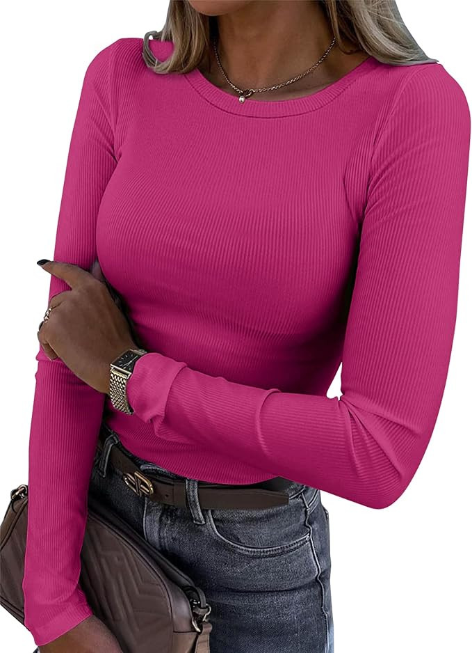 Roselux Womens Long Sleeve Stretch Crewneck Ribbed T-Shirt Fitted Casual Basic Tops | Amazon (US)