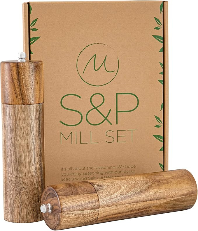 Wooden Salt and Pepper Grinder Set, Sustainable Acacia Wood, 8" - Elegant Sea Salt Grinder and Bl... | Amazon (US)