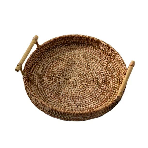 Marky Rattan Storage Tray Hand-Woven Wicker Basket with Handle for Bread Fruit Food - Walmart.com | Walmart (US)