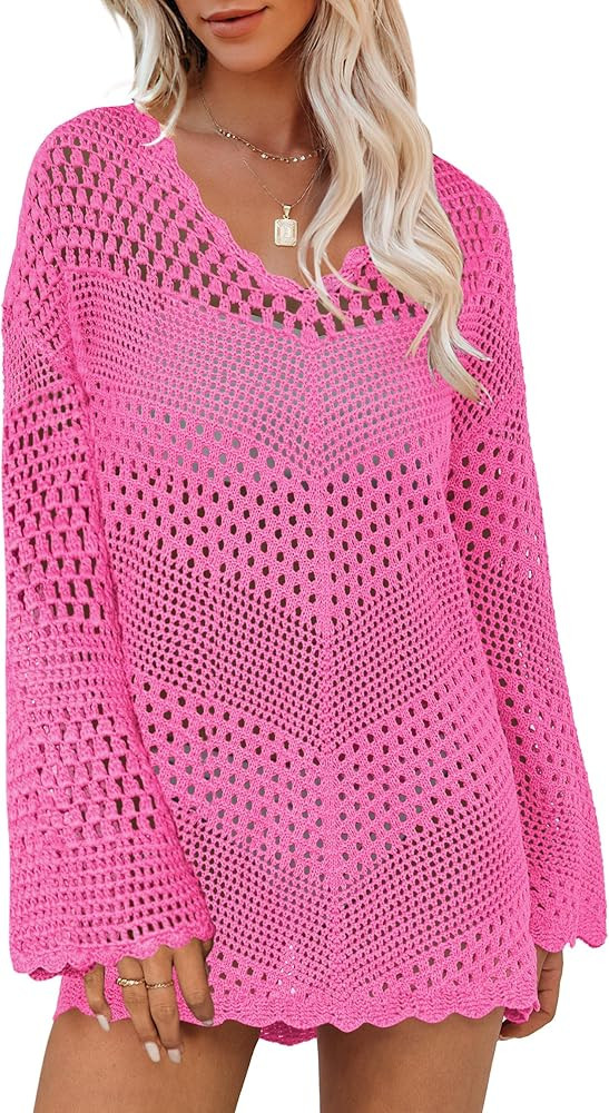 ANRABESS Women Swimsuit Crochet Swim Cover Up Summer Bathing Suit Swimwear V Neck Mesh Knit Beach... | Amazon (US)