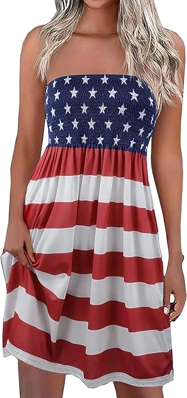 LLHXRUI American Flag Smocked Strapless Bandeau Mini Dress Women USA Stars Stripes Tube Top Dress... | Amazon (US)