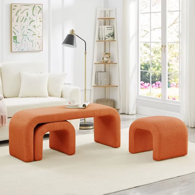 CAVINAS Ottoman Bench Set of 3, Modern U-Shaped Footrest Stool, Teddy Fabric 44" Bench and 16.5" Ottoman for Living Room, Bedroom, Entryway, Orange | Target