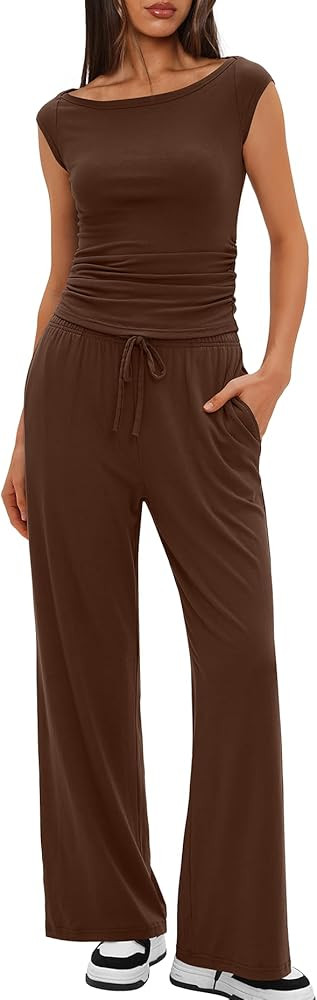 Darong Women 2 Piece Lounge Set Cap Sleeve Boat Neck Top Wide Leg Pants Set Summer Outfit Two Pie... | Amazon (US)