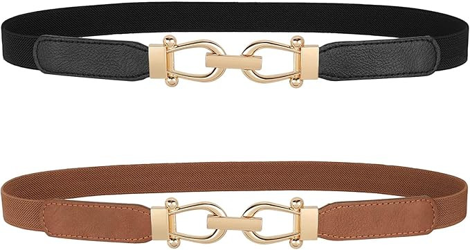 JASGOOD Women Skinny Elastic Belt for Dresses,Thin Retro Stretch Waist Belt with Golden Buckle | Amazon (US)