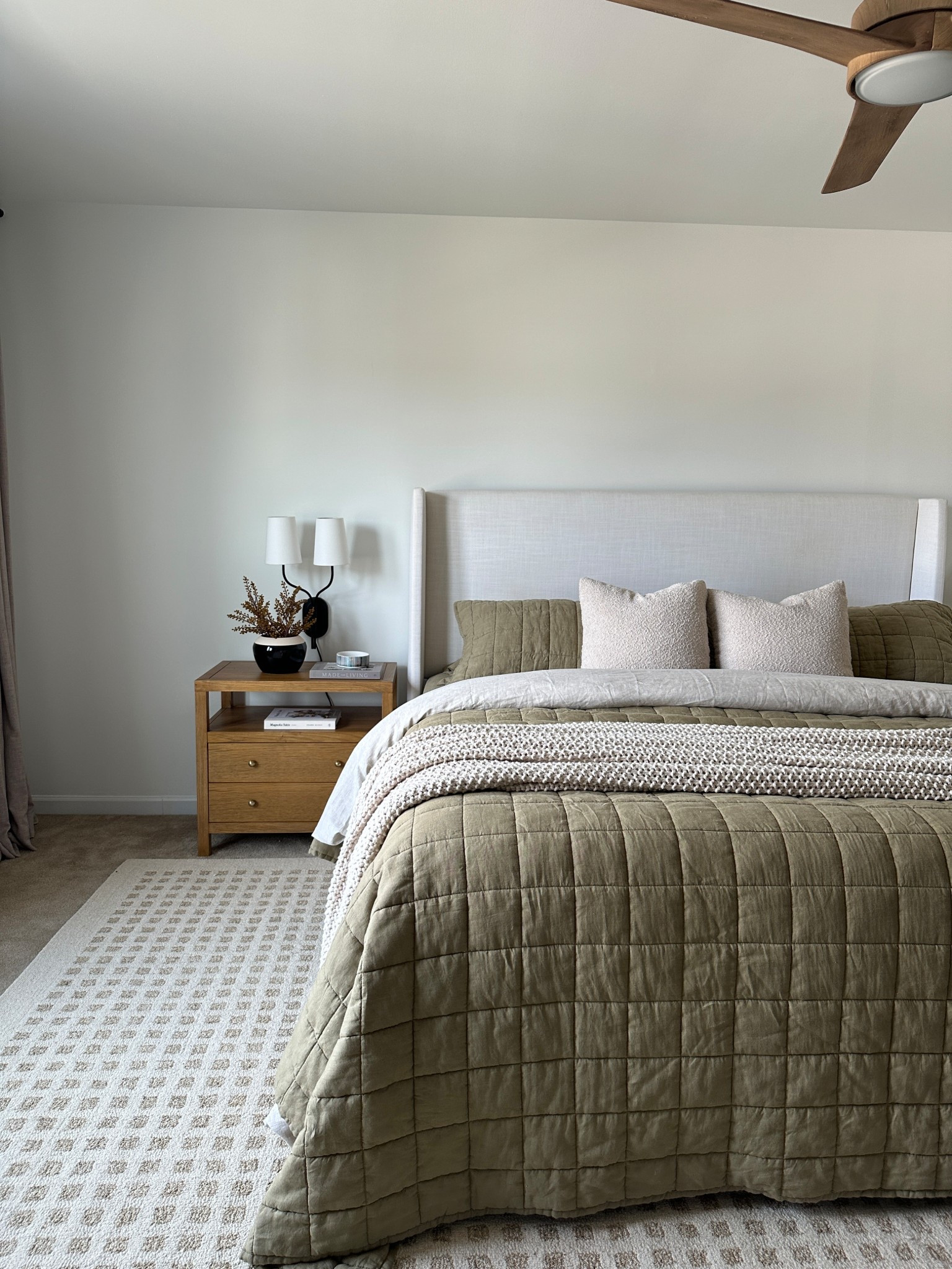 Shop my favorite bedding! Olive green quilt, end of bed blanket, wood nightstands, linen upholstered bed 

#LTKHome