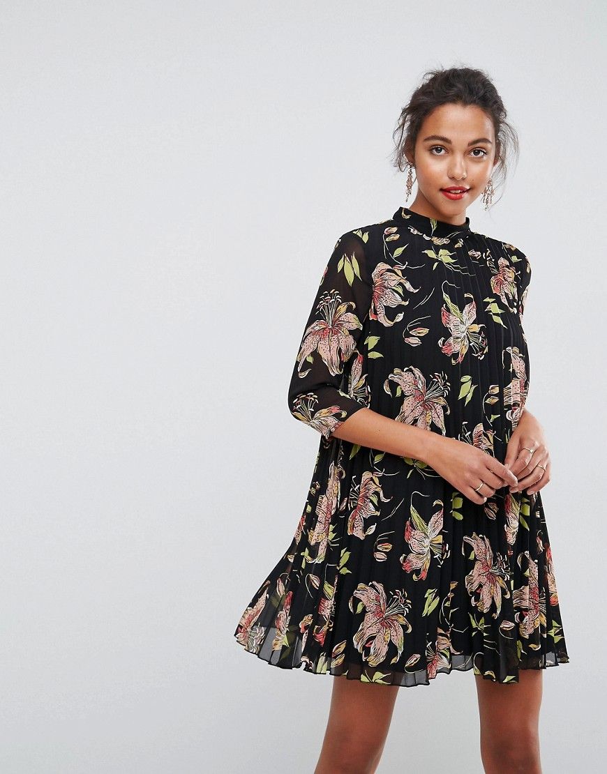 ASOS High Neck Pleated Mini Floral Dress - Multi | ASOS US