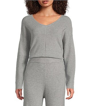 Greige Coordinating Ribbed Knit V-Neck Long Sleeve Sweater -  S | Dillard's