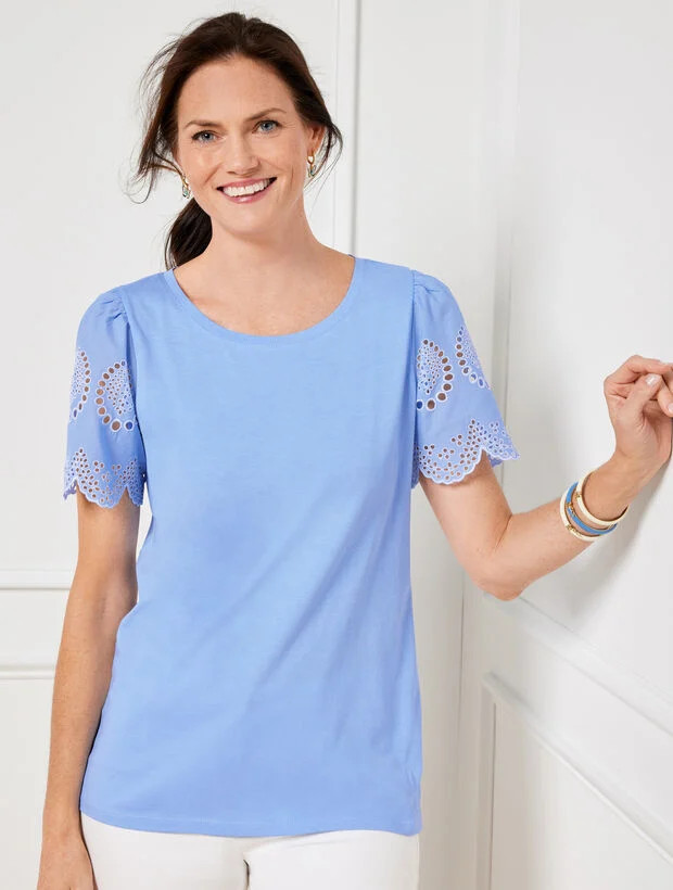 Short Sleeve Eyelet Cuff Crewneck Tee | Talbots