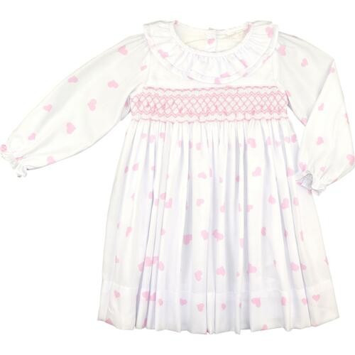 White And Pink Pique Smocked Hearts Dress | Cecil and Lou