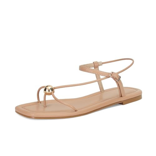 GTBINGGO Tan Strappy Flat Sandals for Women Comfortable Open Square Toe Slingback Sandals Dressy Beach Thong Flip Flop Slides Sandals | Amazon (US)