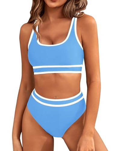 BMJL Women's High Waisted Bikini Sets Sporty Two Piece Swimsuit Color Block Cheeky High Cut Bathing Suits(M,Light Blue) | Amazon (US)