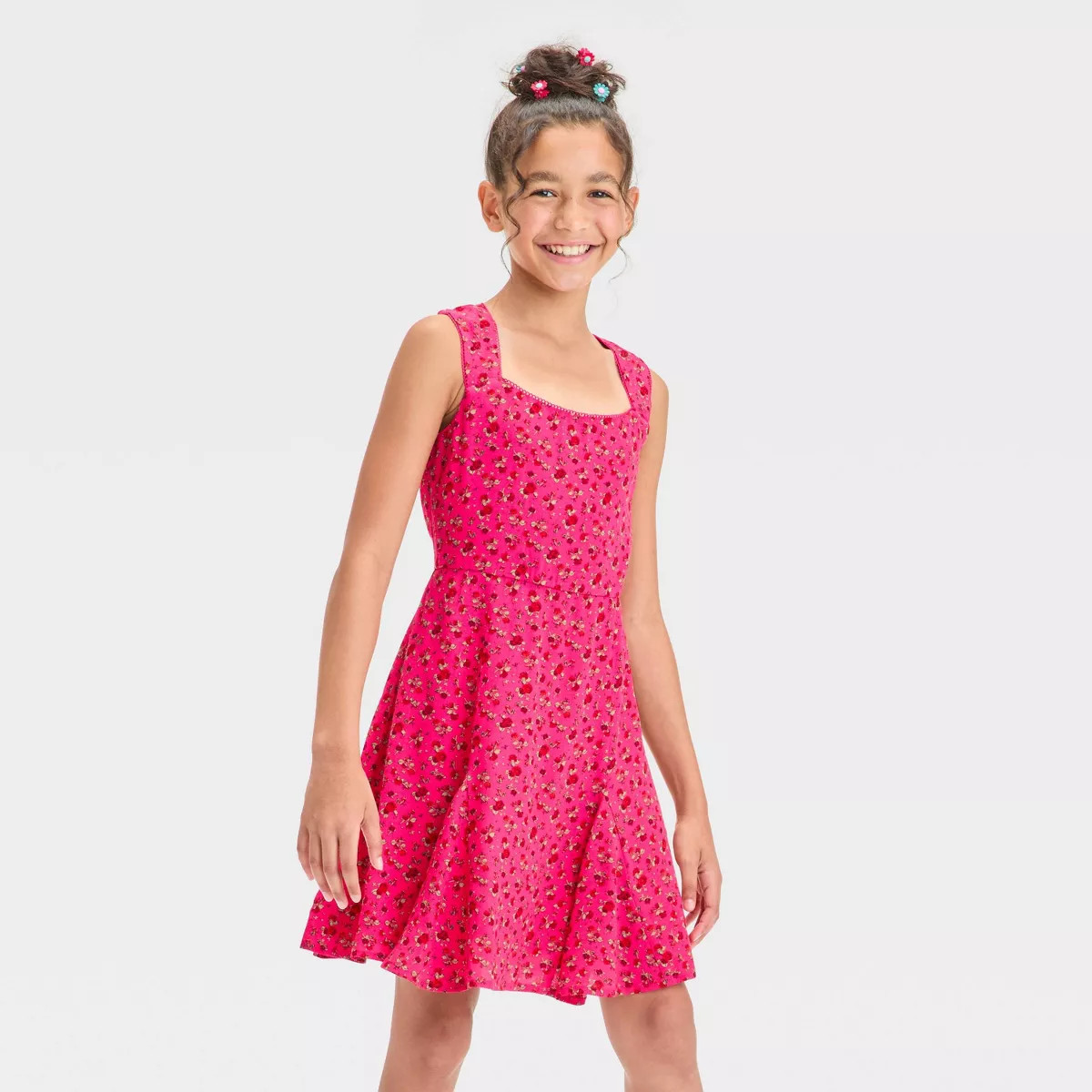 Girls' Squareneck fit and flare Dress - art class™ Pink/Red M | Target