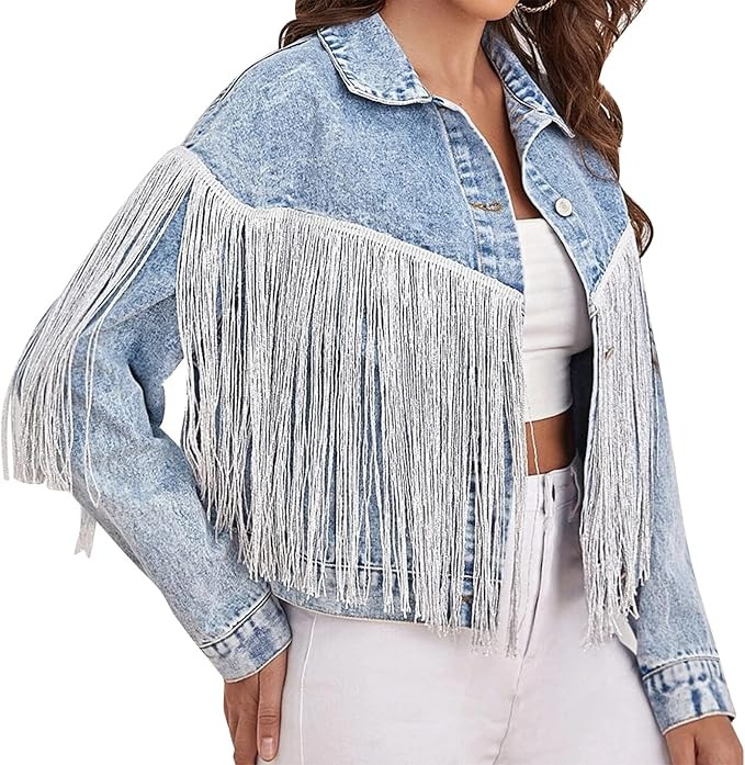 Kissonic Women's Tassel Fringe Long Sleeve Button Down Denim Trucker Jacket | Amazon (US)