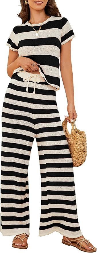 Women Striped Two Piece Sweater Outfits Short Sleeve Pullover Tops Elastic Waist Wide Leg Pants L... | Amazon (US)