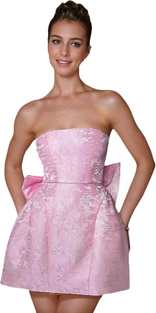 JUMISEE Embroidery Satin Homecoming Dress with Bow Modest Strapless Mini Dresses A Line Short Pro... | Amazon (US)