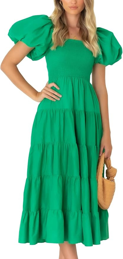 Heltapy Women's Summer Puff Short Sleeve Dress Square Collar Smocked Sundress Tiered Swing A Line... | Amazon (US)