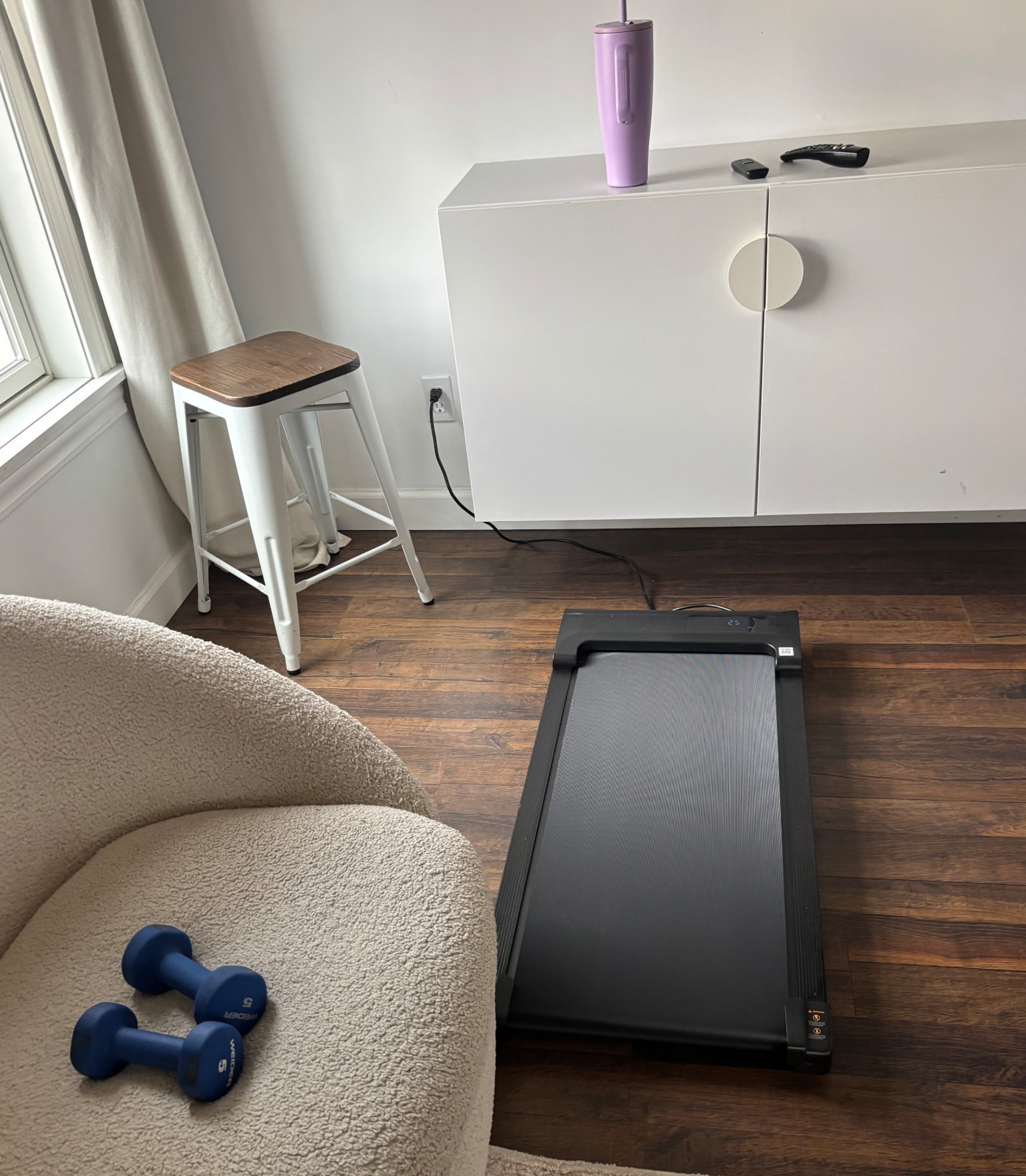 newest obsession!!
Walking pad, light weights and my brumate!