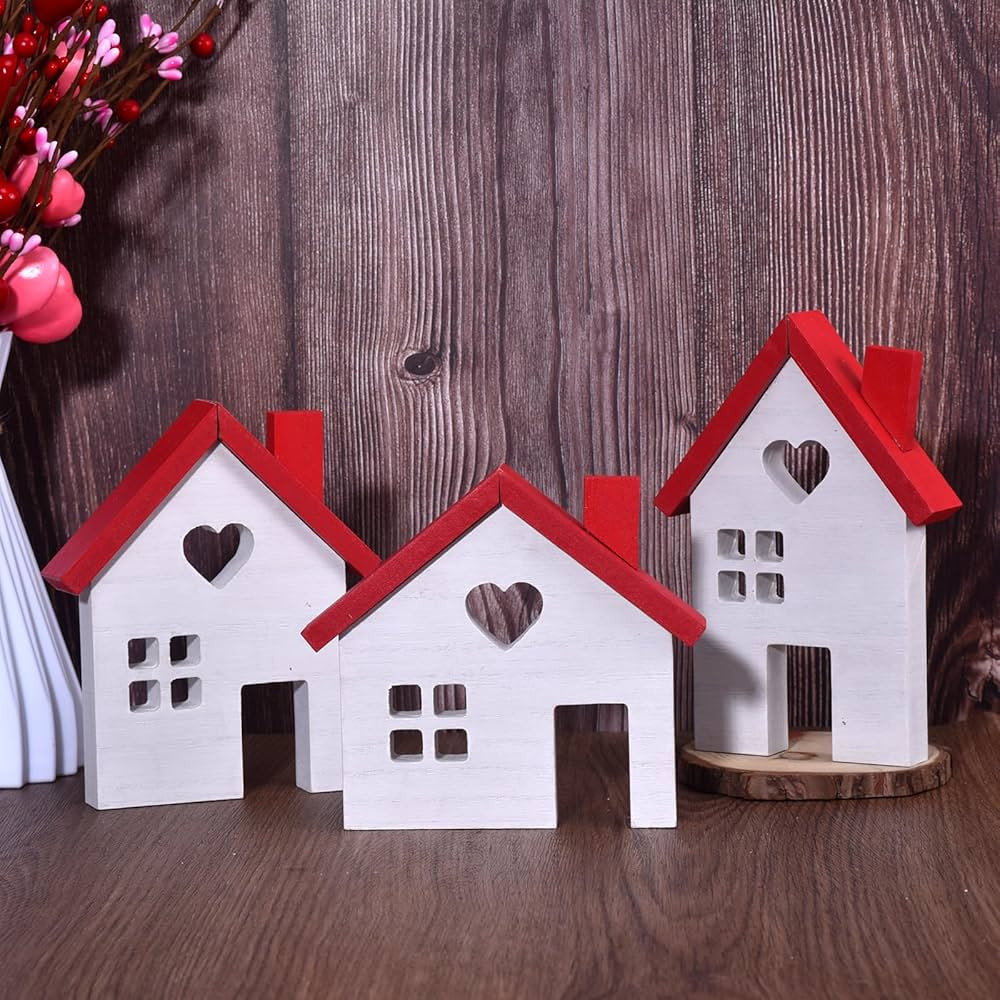 Valentine's Day Decorations - 3PCs Rustic Wooden House Block Signs, Wood House Cutouts for Holida... | Amazon (US)