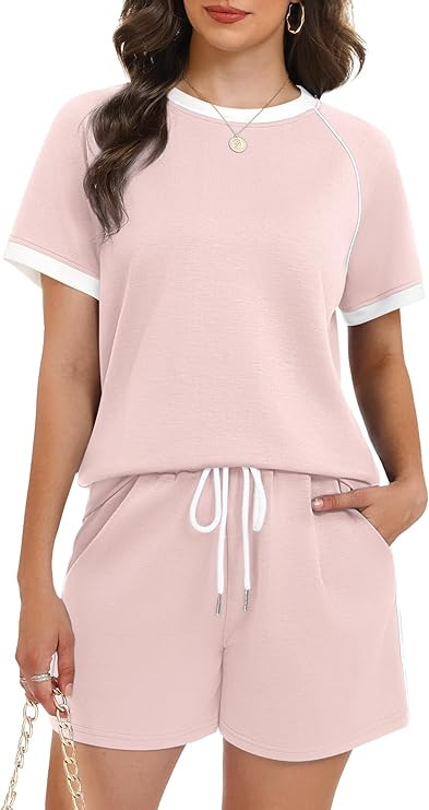 Casly Lamiit Women's 2 Piece Lounge Sets 2026 Summer Short Sleeve Tops Drawstring Shorts with Poc... | Amazon (US)