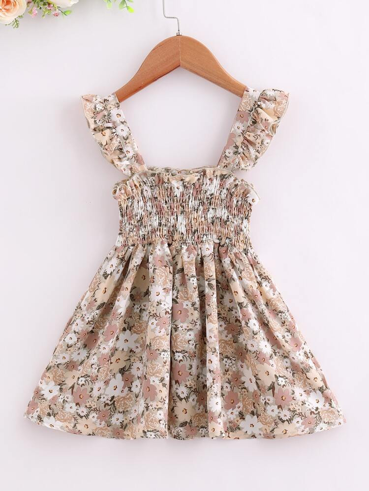 Toddler Girls Allover Floral Print Shirred Ruffle Trim Dress | SHEIN