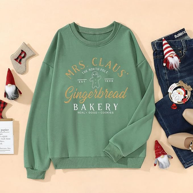 Women Christmas Gingerbread Sweatshirt Bakery Mrs. Claus Letter Print Long Sleeve Casual Xmas Hol... | Amazon (US)
