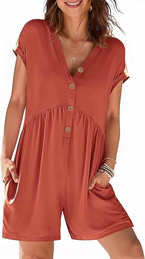 MEROKEETY Rompers for Women Summer 2026 Casual Cap Sleeve V neck Button Short Jumpsuit Overalls B... | Amazon (US)