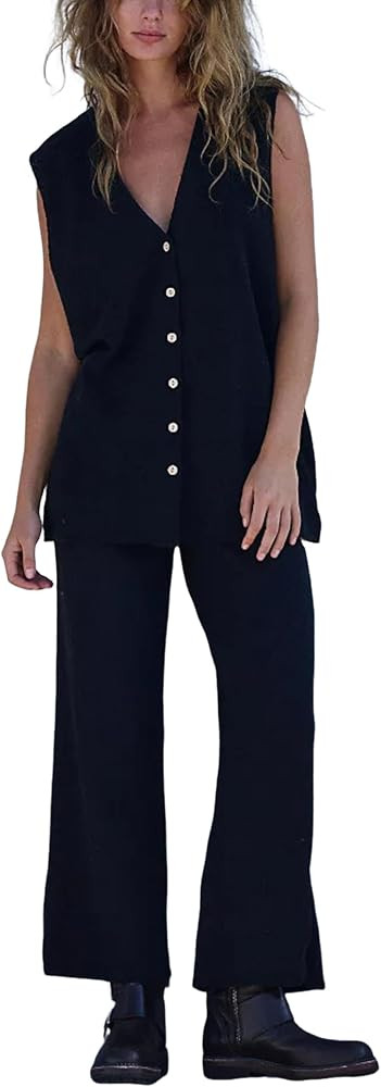 Lviefent Womens 2 Piece Outfits Sweater Set Sleeveless Button Down Vest Top Knit Wide Leg Pants S... | Amazon (US)