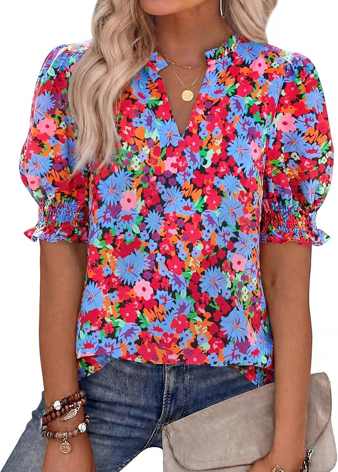BTFBM Summer Blouses for Women Dressy Casual 2026 Fashion Spring Tops Floral Boho V Neck Puff Sho... | Amazon (US)
