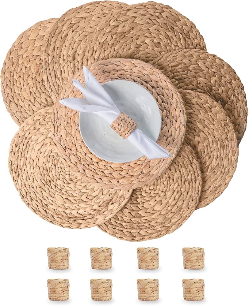 Laquedecraft 13.8" Round Placemats Set of 8 + 8 Woven Napkin Rings | Boho Rattan Woven Placemats ... | Amazon (US)