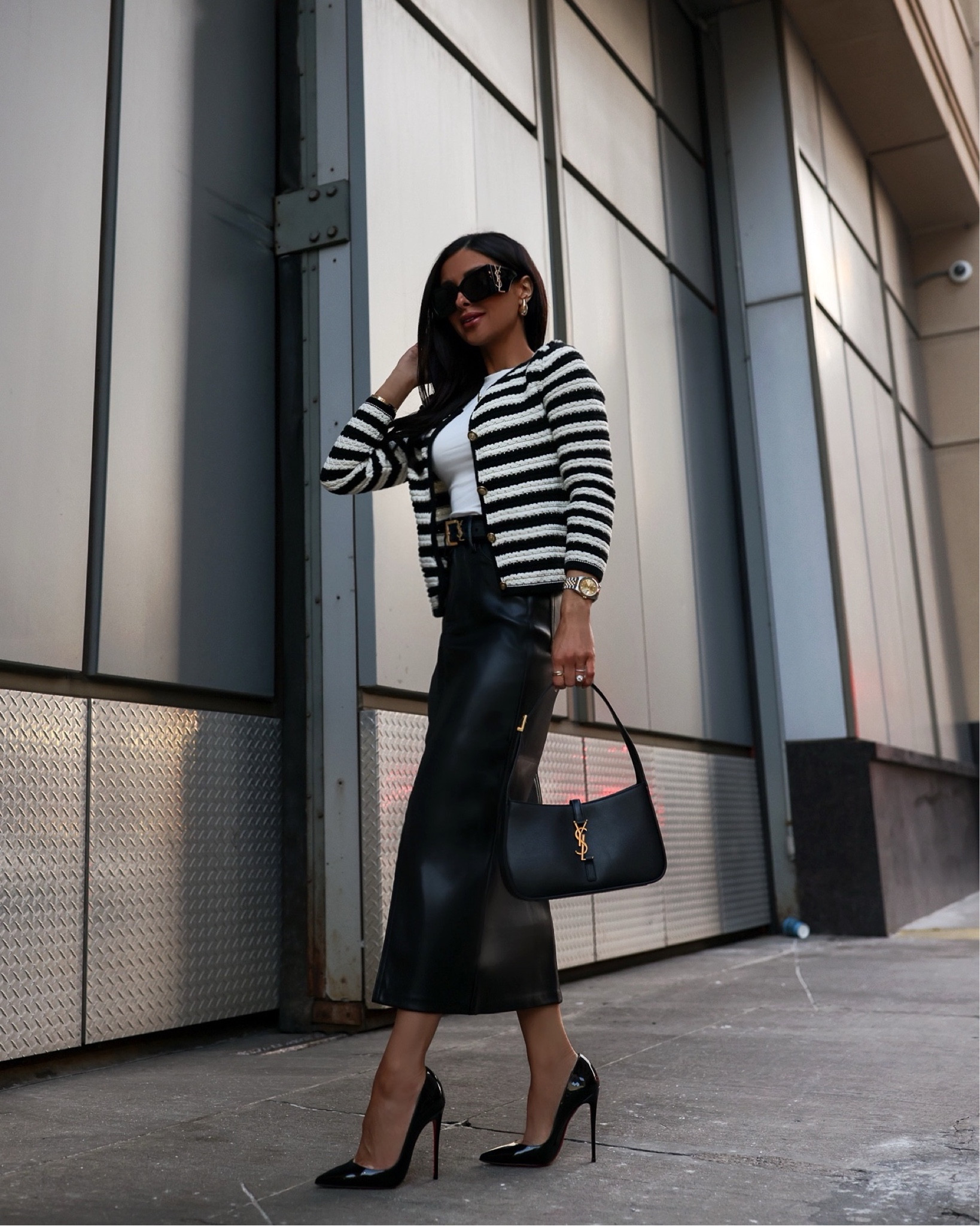 Spring workwear outfit ideas 
Nordstrom faux leather midi skirt with slit wearing a size 0
Mango striped cardigan wearing an XS
Saint Laurent bag and sunglasses 

@nordstrom #NordstromPartner


#LTKworkwear #LTKSeasonal #LTKitbag