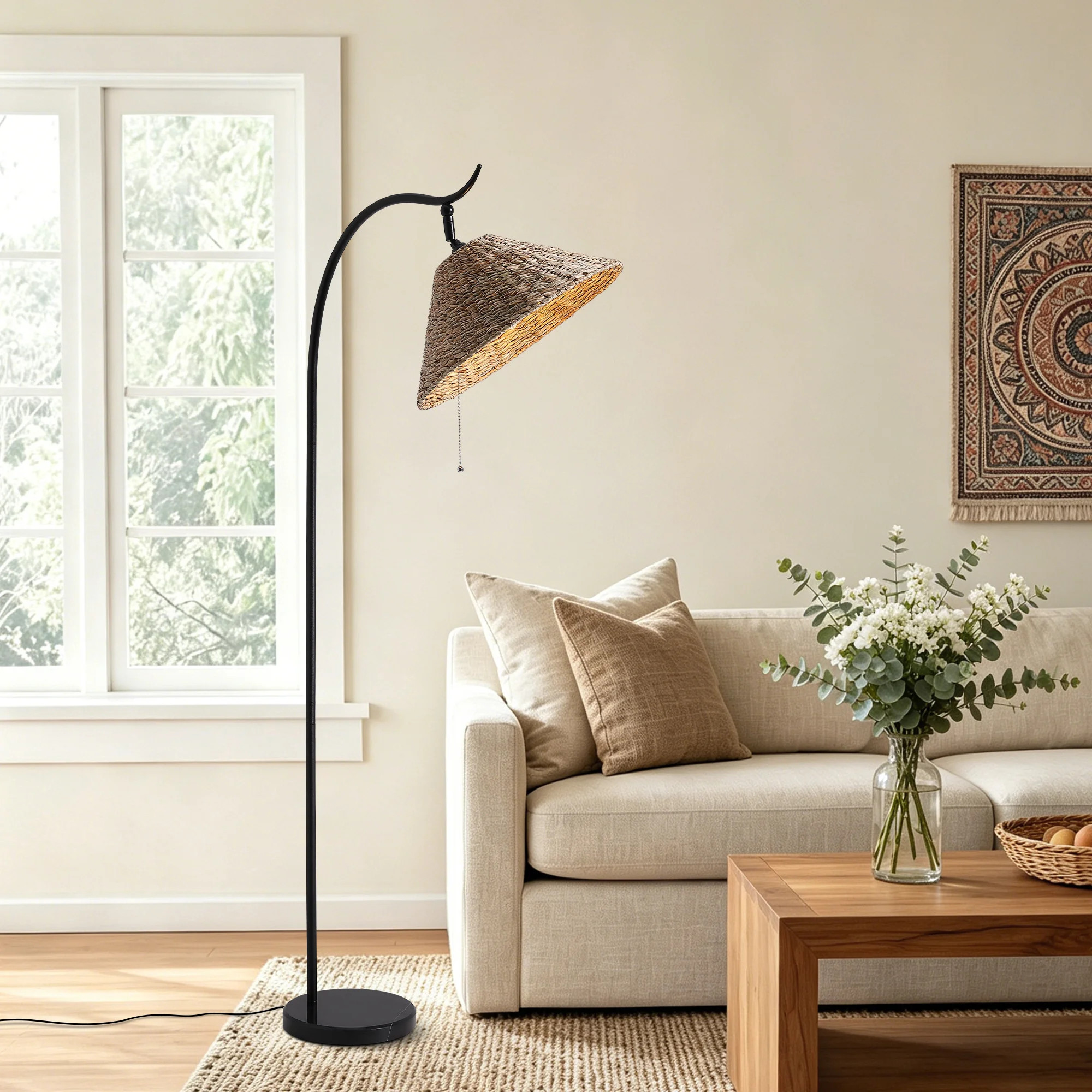 Cerelia 63.8" Arched Rattan Floor Lamp With Pull Chain, Handwoven Standing Light For Living Room Bedroom | Wayfair North America