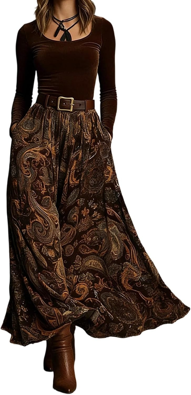 Women's Boho Two Piece Skirt Set Velvet Top Floral Maxi Skirt with Pockets | Amazon (US)