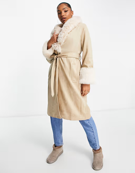 Bershka fur trim tie waist coat in ecru | ASOS (Global)