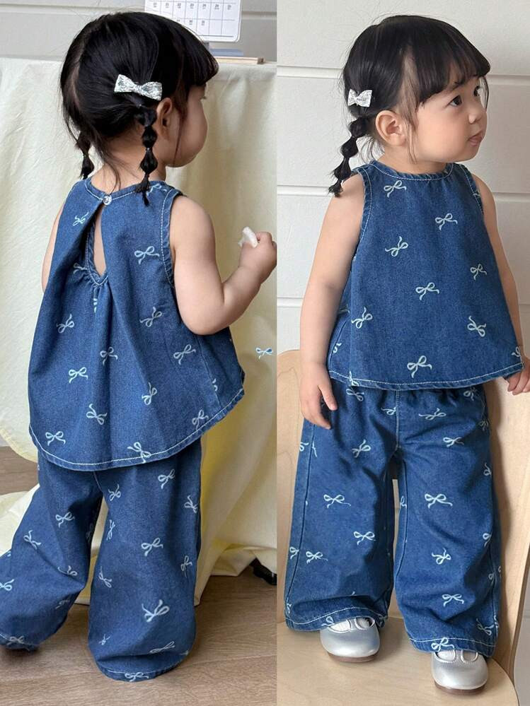 SHEIN Baby Girl Cute White Bow Pattern Blue Denim Vest And Long Pants Sets,Spring And Summer Casu... | SHEIN