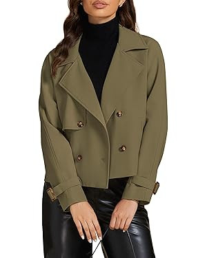 luvamia Cropped Trench Coat for Women Long Sleeve Double Breasted Notched Lapel Casual Loose Fit ... | Amazon (US)