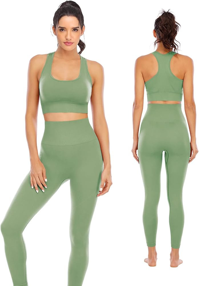 Workout Sets for Women 2 Piece High Waisted Seamless Leggings with Padded Stretchy Sports Bra Set... | Amazon (US)