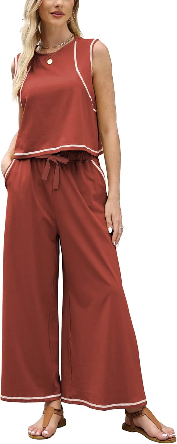 Ynhonra Women\u2019s 2 Piece Lounge Set Sleeveless Tank Top & Wide Leg Pants Contrast Trim Relaxe... | Amazon (US)