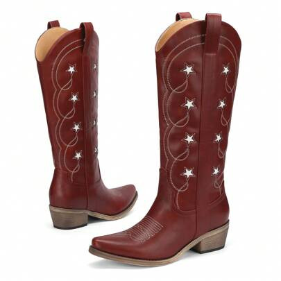 These Red Cowboy Boots For Women Feature A Knee-High Design With Star Embroidery, A Mid-Calf Height, Chunky Block Heel, And Pointed Toe. They Pull On | SHEIN