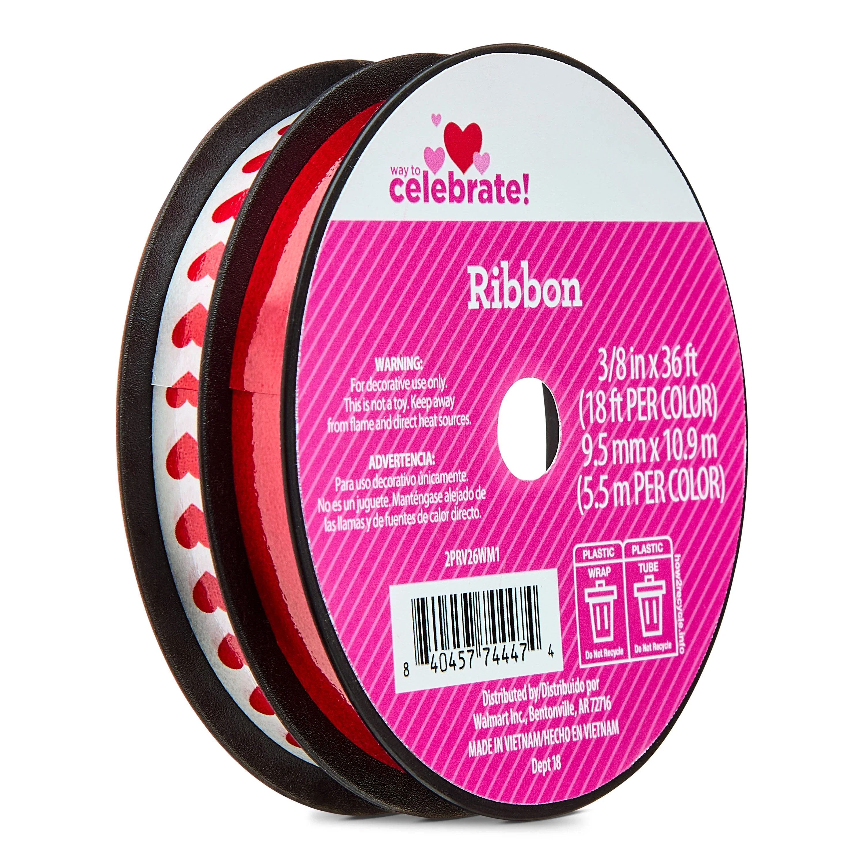 Hearts and Solid Color Ribbons, Red and White, 3/8" x 36', 2 Count, Valentine's Day by Way To Cel... | Walmart (US)