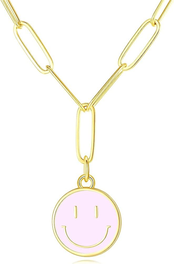 Smiley Face Necklaces,Gold Stainless Steel Paperclip Chain Simple Round Smile Necklace for Women | Amazon (US)