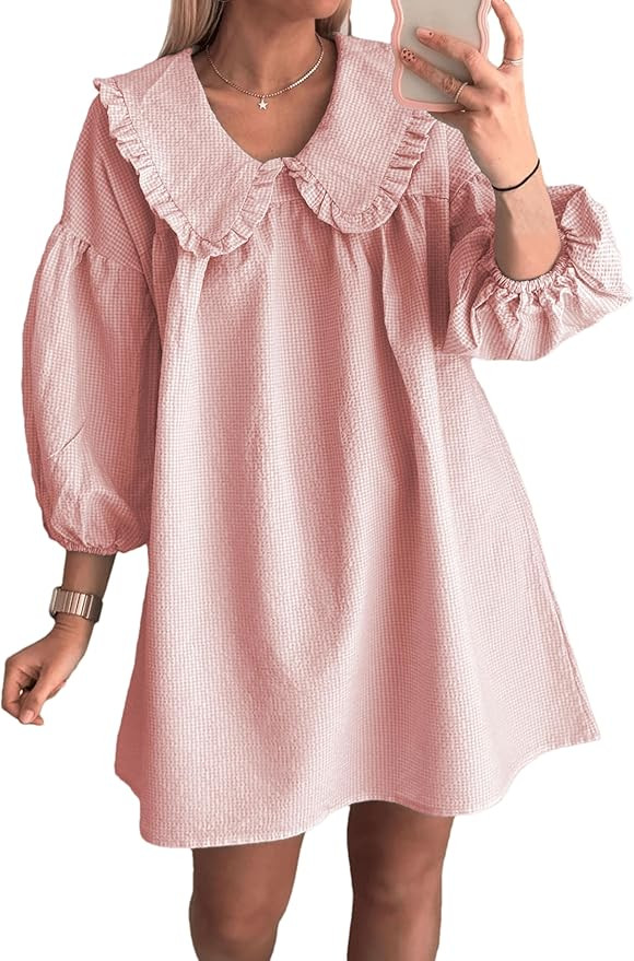 2026 Women's Babydoll 3/4 Puff Sleeve Plaid Mini Dress Lapel Doll Collar Loose Y2k Dress | Amazon (US)