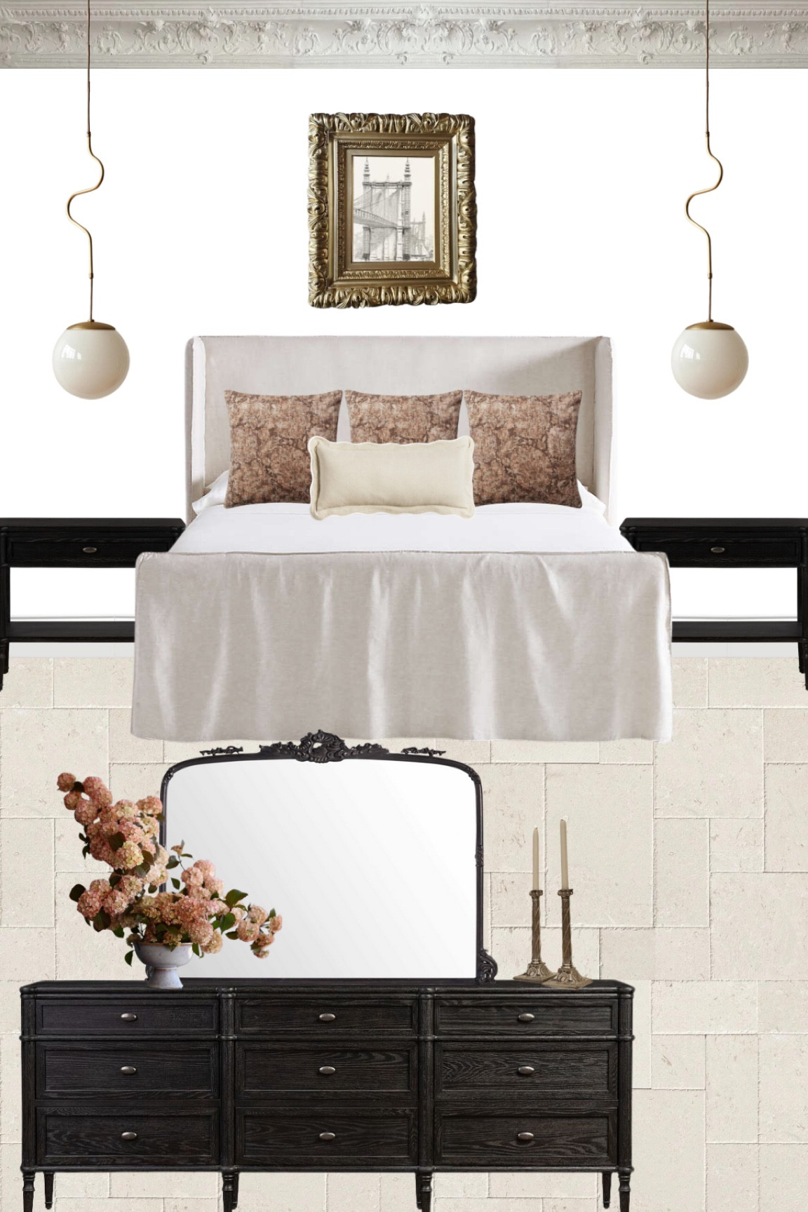 Romantic bedroom design 

Parisian moulding, black nightstands, vintage pillows, scalloped pillow case, vintage sketch, vintage art, ornate frame, gold frame, vintage frame, candle holder, taper candle holders, black dresser, stone floor 

#LTKSeasonal #LTKhome #LTKsalealert