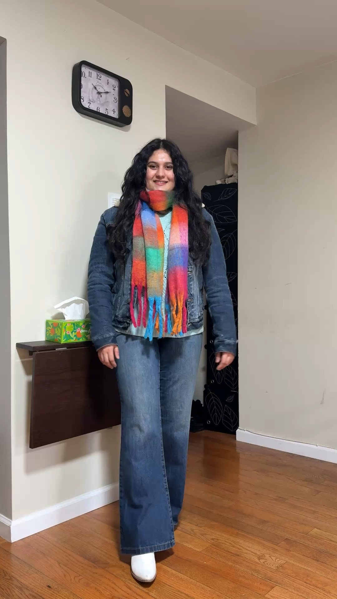 Denim jacket and denim bootcut jeans dark wash, light blue teal sweater, white boots, and colorful scarf 

#LTKSpringSale #LTKSeasonal #LTKootd