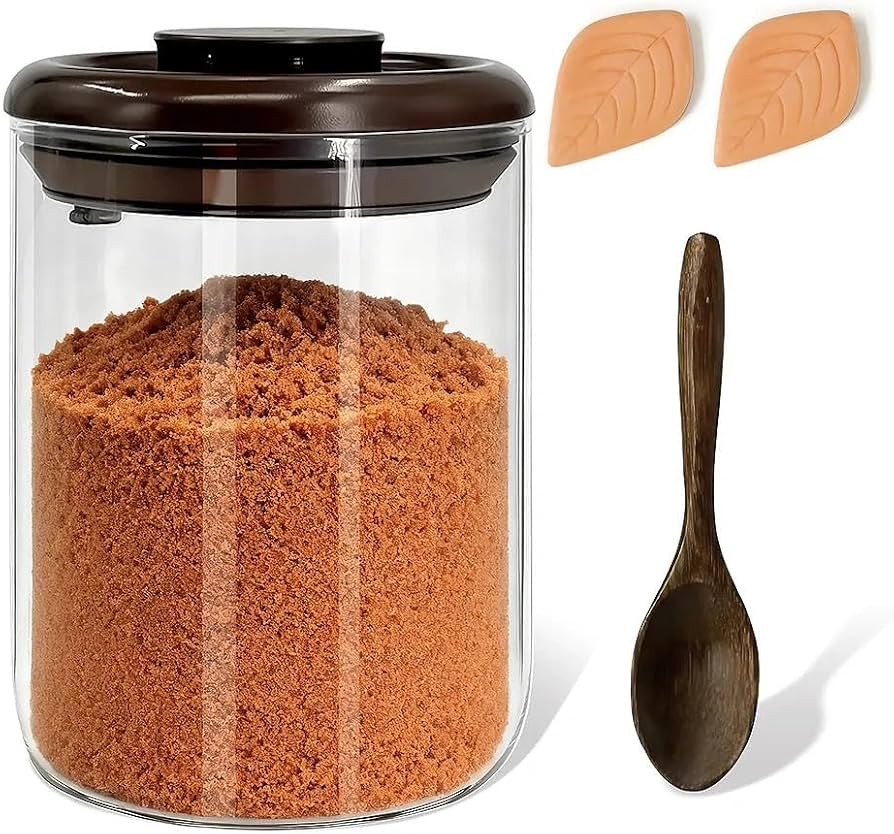 Airtight Brown Sugar Container - 0.95 Qt (900 ml) Glass Jar with 2 Clay Discs & Wooden Spoon, Moi... | Amazon (US)