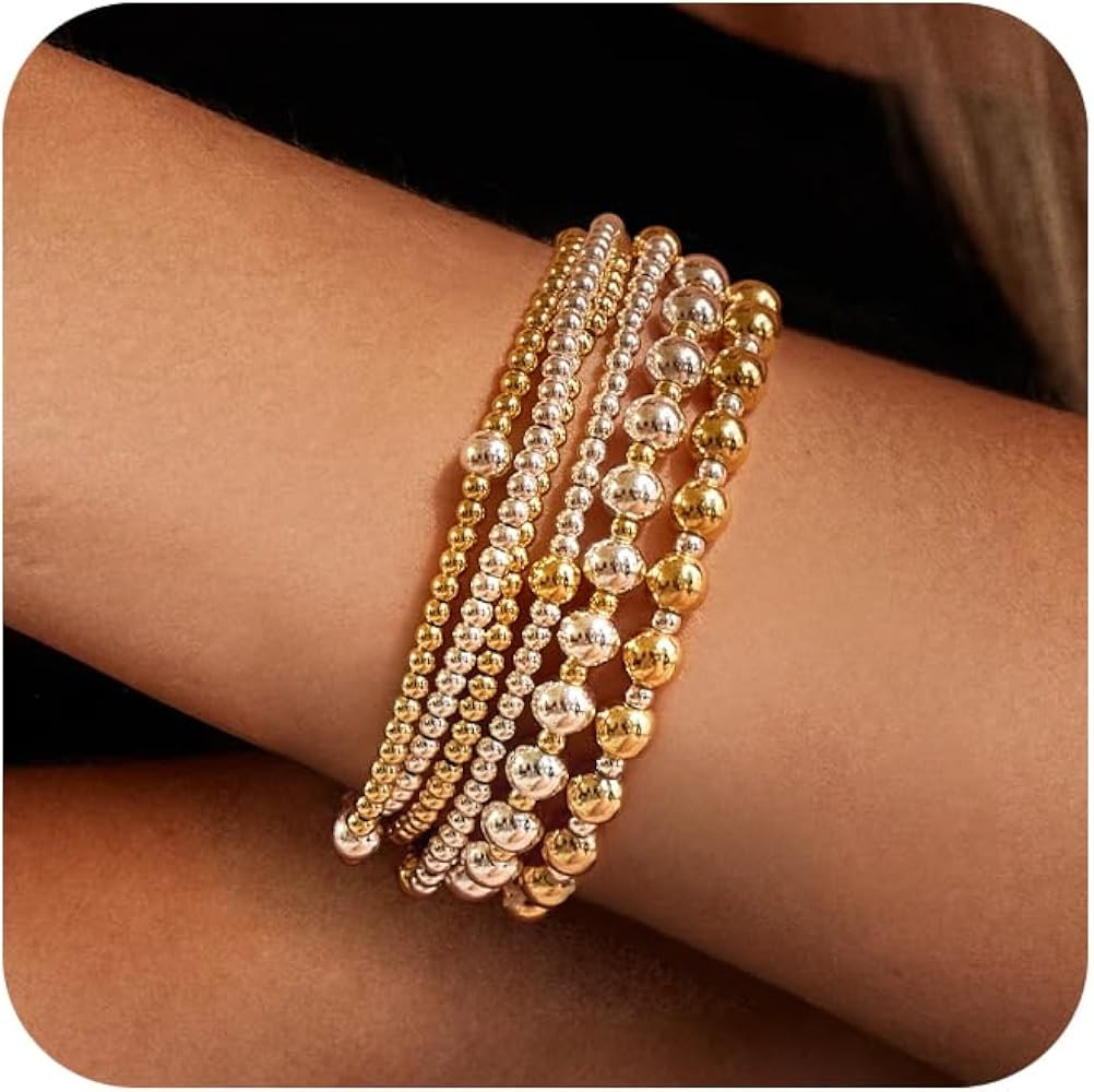 Layered Elastic Stretch 2MM/4MM/6MM Beaded Bracelets - Dainty 14K Gold/Silver Plated Stack Bracel... | Amazon (US)